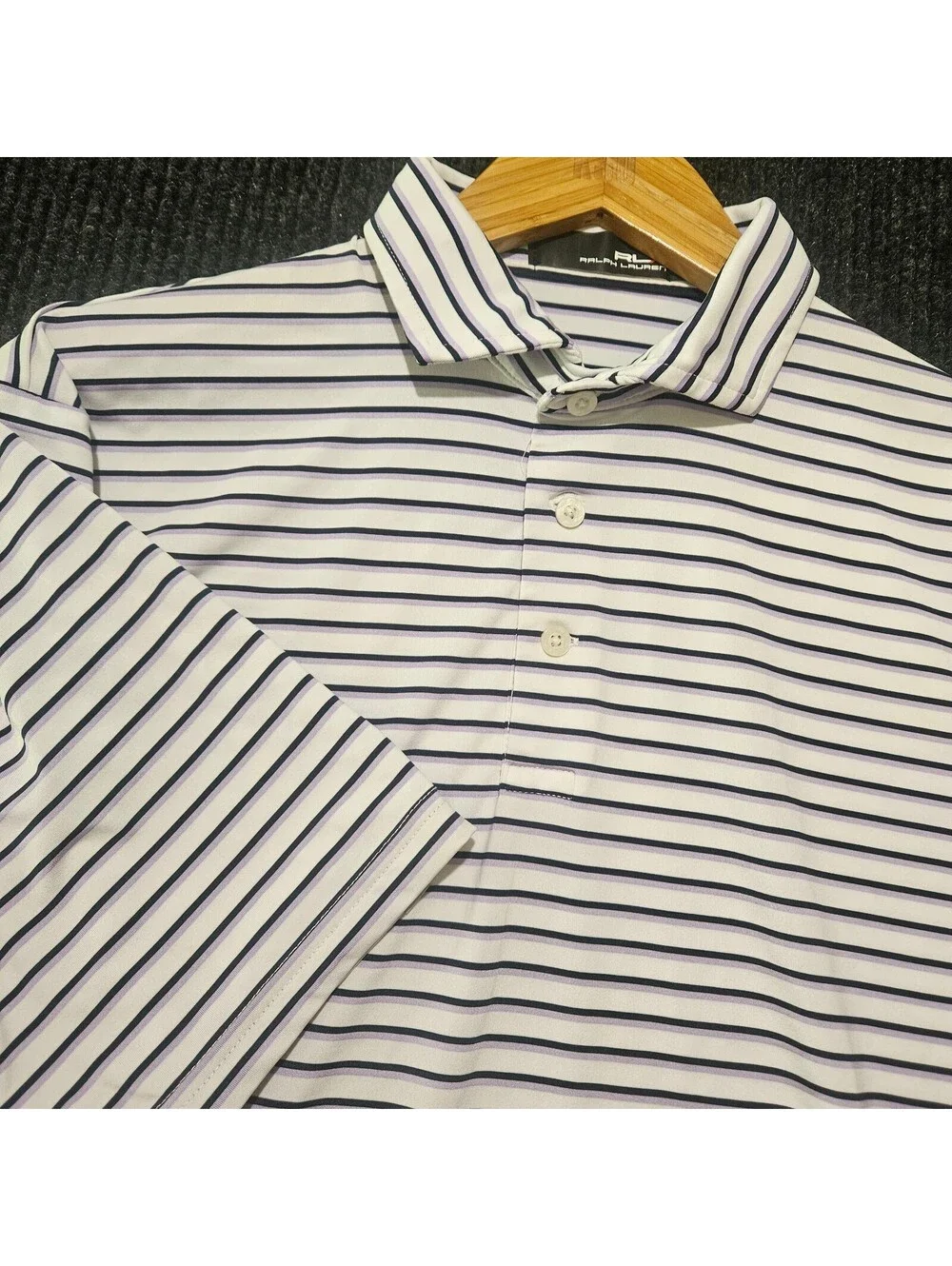 RLX Ralph Lauren Striped Golf Polo Shirt White, Black, and Purple SZ Medium